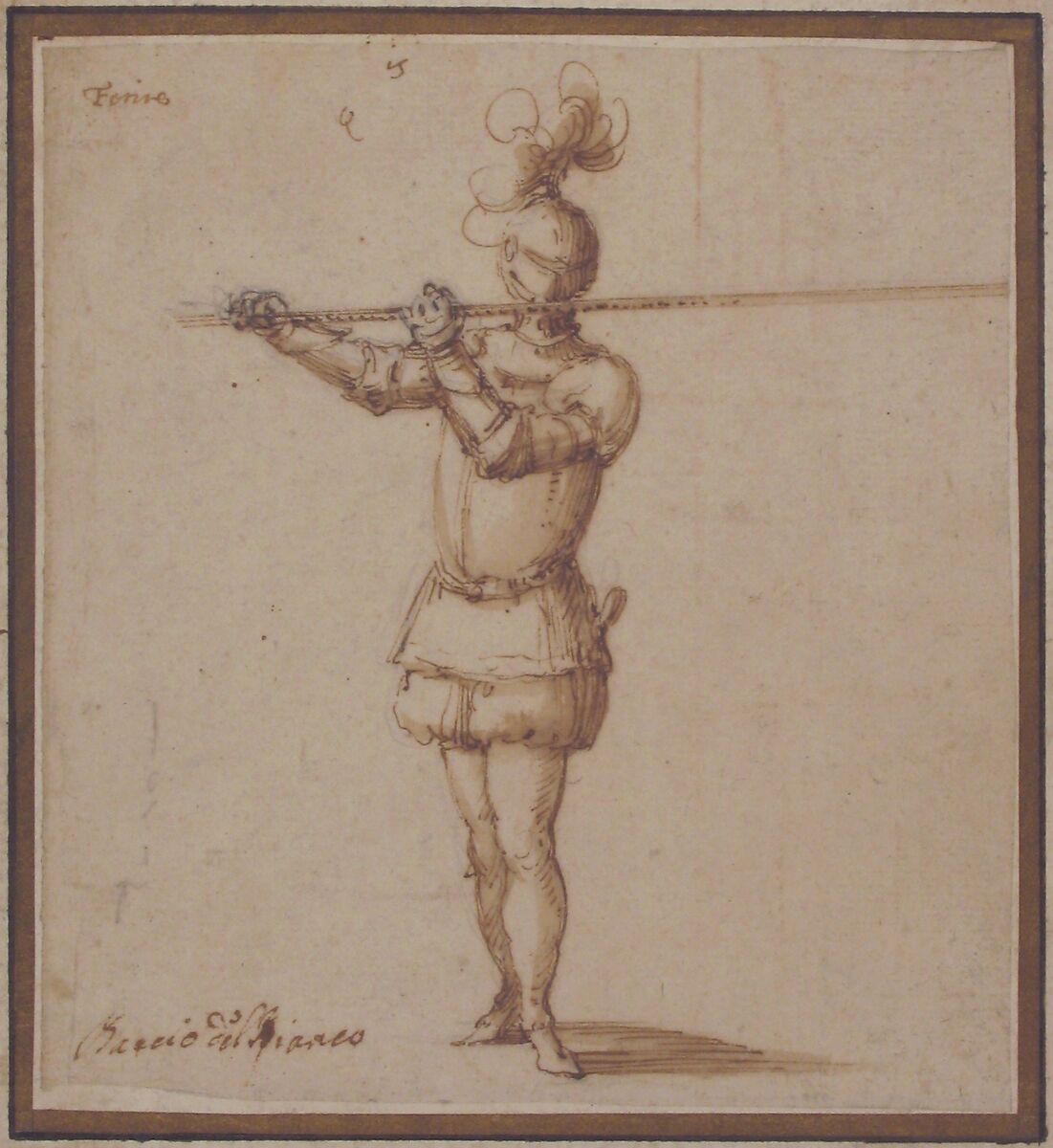 Knight with Lance, Baccio del Bianco (Italian, Florence 1604–1656 Escorial), Pen and brown ink, with brush and brown wash, over traces of black chalk