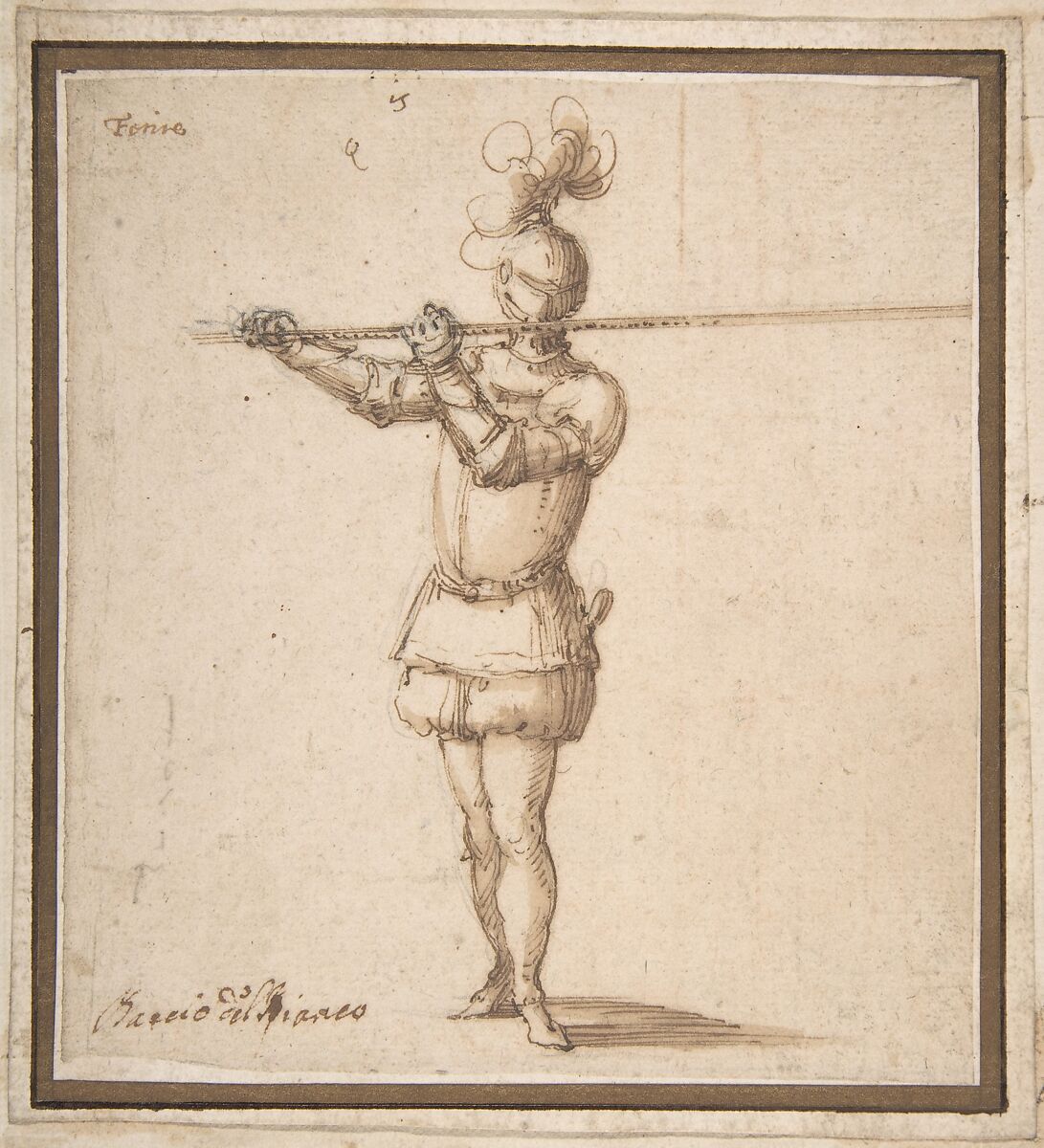 Knight with Lance, Baccio del Bianco (Italian, Florence 1604–1656 Escorial), Pen and brown ink, with brush and brown wash, over traces of black chalk 