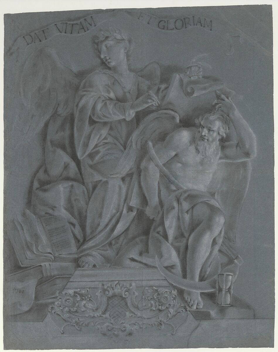 Allegory of History, with Time, Vittorio Maria Bigari (Italian, Bologna 1692–1776 Bologna), Black chalk, stumped, highlighted with white chalk, on dark blue paper 