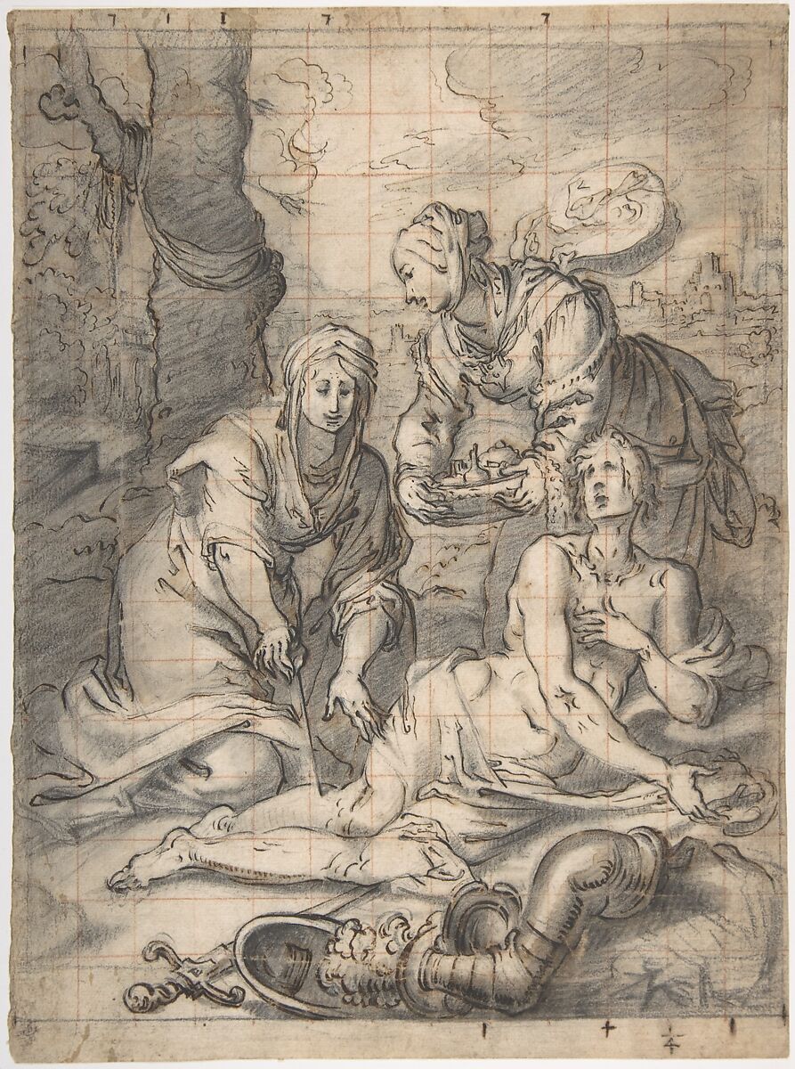 Two Women Annointing the Wounds of Saint Sebastian (recto); Study of a Nude Male Figure (verso), attributed to Giovanni Biliverti (Italian, Florence 1585–1644 Florence), Pen and brown ink, with brush and brown wash, over black chalk (recto); squared off in red chalk, red chalk (verso) 