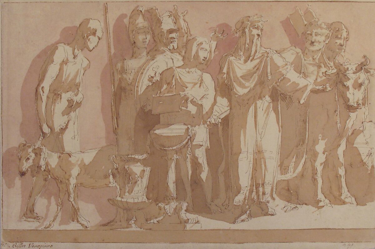 Scene of Antique Sacrifice, Giuseppe Bernardino Bison (Italian, Palmanova 1762–1844 Milan), Pen and brown ink, brush and brown and pink wash, over black chalk or graphite; framing lines in pen and brown ink, and, at the left border, in graphite