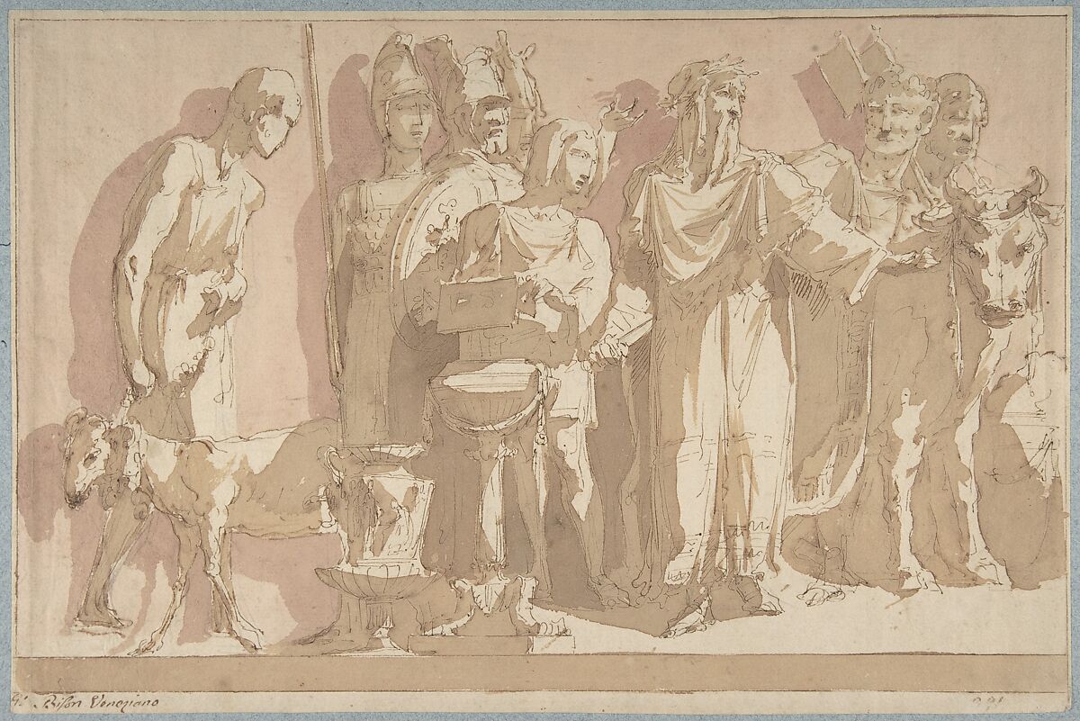 Scene of Antique Sacrifice, Giuseppe Bernardino Bison (Italian, Palmanova 1762–1844 Milan), Pen and brown ink, brush with brown and pink wash, over traces of black chalk or graphite.  Framing outlines in pen and brown ink, and, at the left border, in graphite 