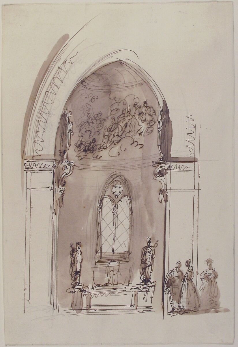 Chapel in a Gothic Church (recto); Outline sketch of an oval form (verso), Giuseppe Bernardino Bison (Italian, Palmanova 1762–1844 Milan), Pen and brown ink, brush and brown wash, over graphite (recto); graphite (verso). Fragments of framing lines in graphite or black chalk along all borders