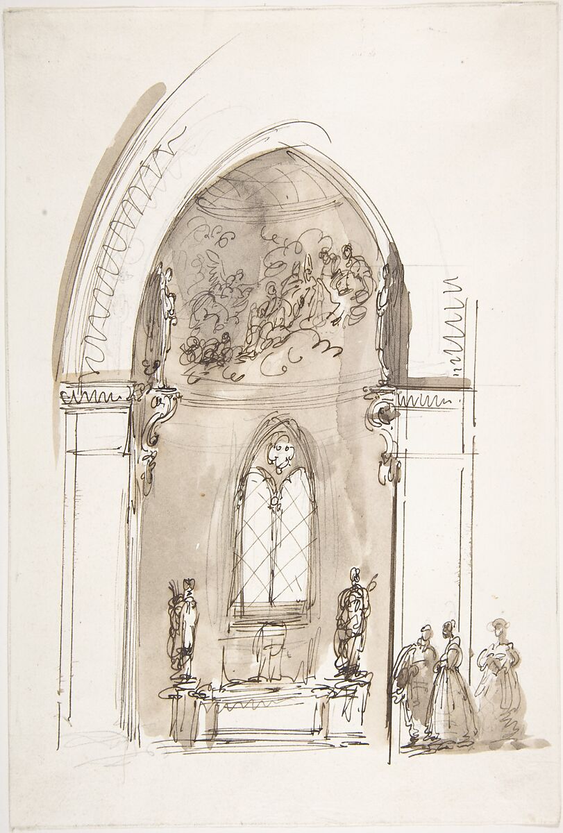 Chapel in a Gothic Church (recto); Outline sketch of an oval form (verso), Giuseppe Bernardino Bison (Italian, Palmanova 1762–1844 Milan), Pen and brown ink, brush and brown wash, over graphite (recto); graphite (verso). Fragments of framing lines in graphite or black chalk along all borders 