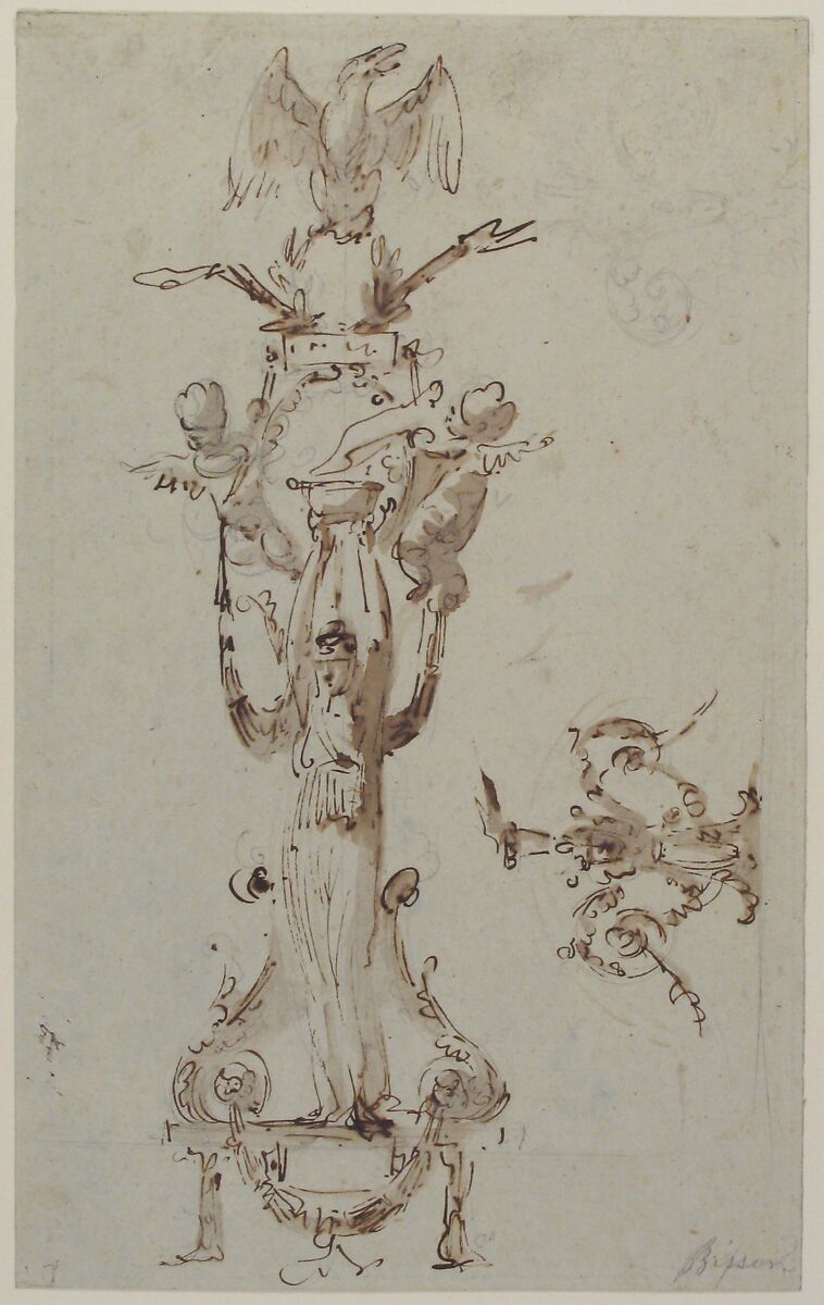 Ornamental Design with Caryatid Figure Standing on Stool and Holding a Bowl; Puttis on the Sides Hold Drapery and Support Base with an Eagle; on the Right Side Decorative Figures with Acanthus surmounted by Flowing., Giuseppe Bernardino Bison (Italian, Palmanova 1762–1844 Milan), Pen and brown ink, brush and brown wash, over traces of black chalk on pale blue gray prepared paper