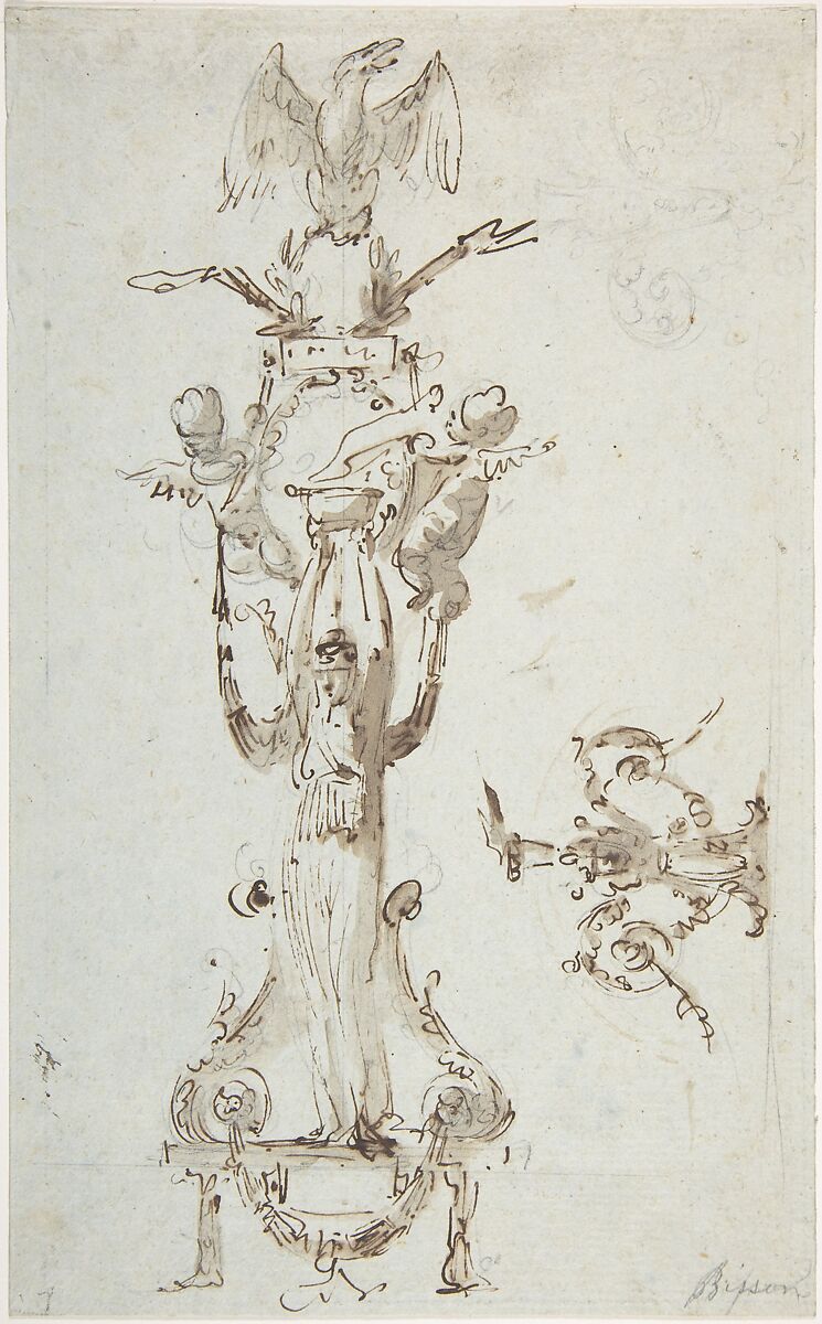 Ornamental Design with Caryatid Figure Standing on Stool and Holding a Bowl; Puttis on the Sides Hold Drapery and Support Base with an Eagle; on the Right Side Decorative Figures with Acanthus surmounted by Flowing., Giuseppe Bernardino Bison (Italian, Palmanova 1762–1844 Milan), Pen and brown ink, brush and brown wash, over traces of black chalk on pale blue gray prepared paper 