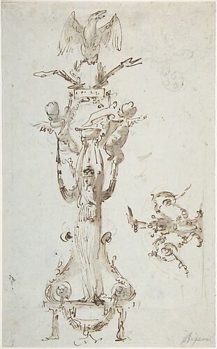 Ornamental Design with Caryatid Figure Standing on Stool and Holding a Bowl; Puttis on the Sides Hold Drapery and Support Base with an Eagle; on the Right Side Decorative Figures with Acanthus surmounted by Flowing.