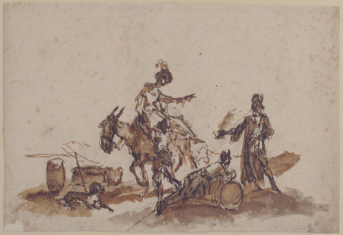 Man Assisting a Woman to Mount a Horse, with Two Other Figures and a Dog, attributed to Giuseppe Bernardino Bison (Italian, Palmanova 1762–1844 Milan), Pen and brown and black ink, brush and brown wash, over black chalk