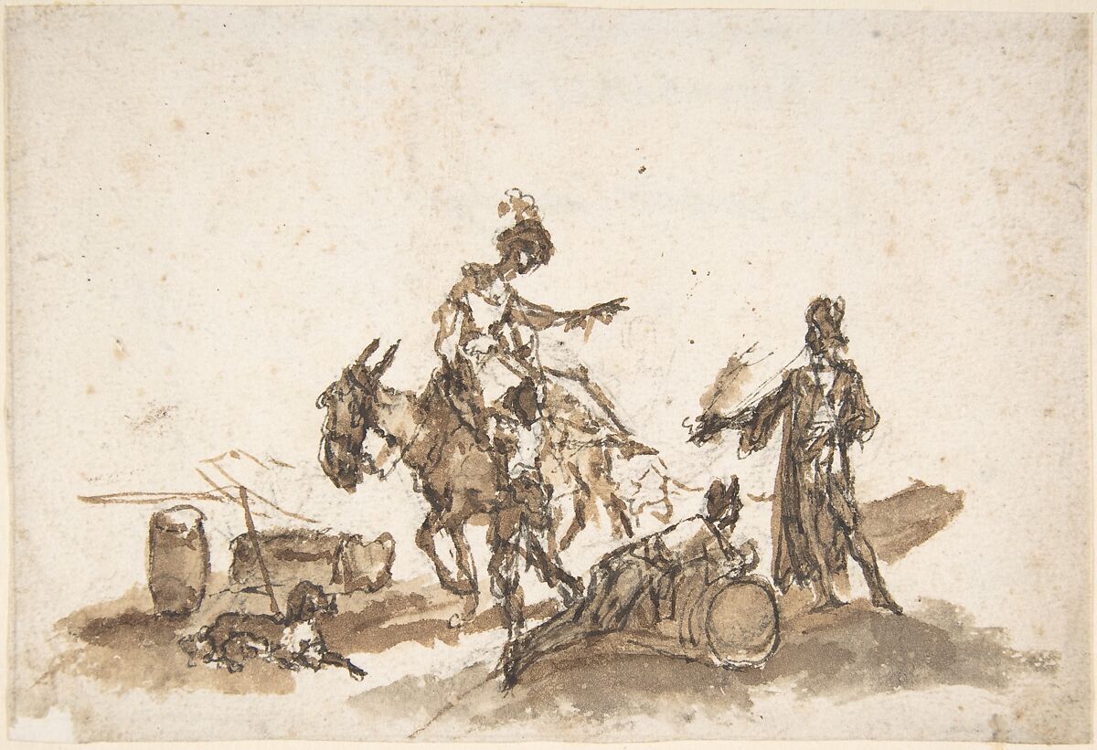 Man Assisting a Woman to Mount a Horse, with Two Other Figures and a Dog, attributed to Giuseppe Bernardino Bison (Italian, Palmanova 1762–1844 Milan), Pen and brown and black ink, brush and brown wash, over black chalk 