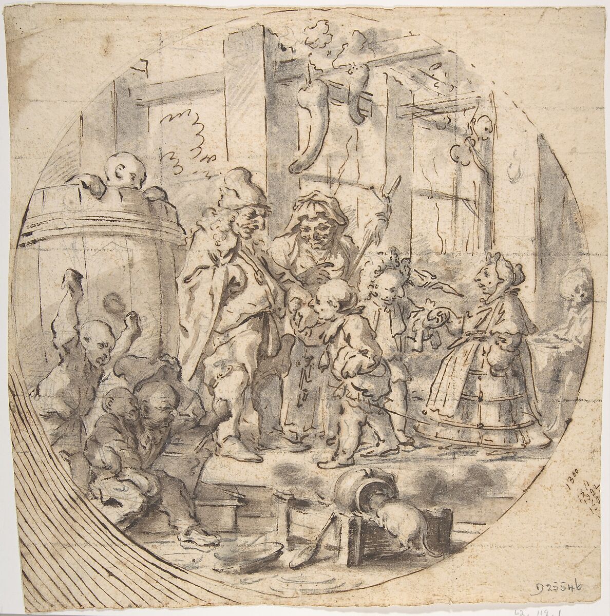 The Mock Visit of Ceremony, Faustino Bocchi (Italian, Brescia 1659–1741 Brescia), Pen and brown ink, brush and brown and gray wash, over black chalk. Squared in black chalk 