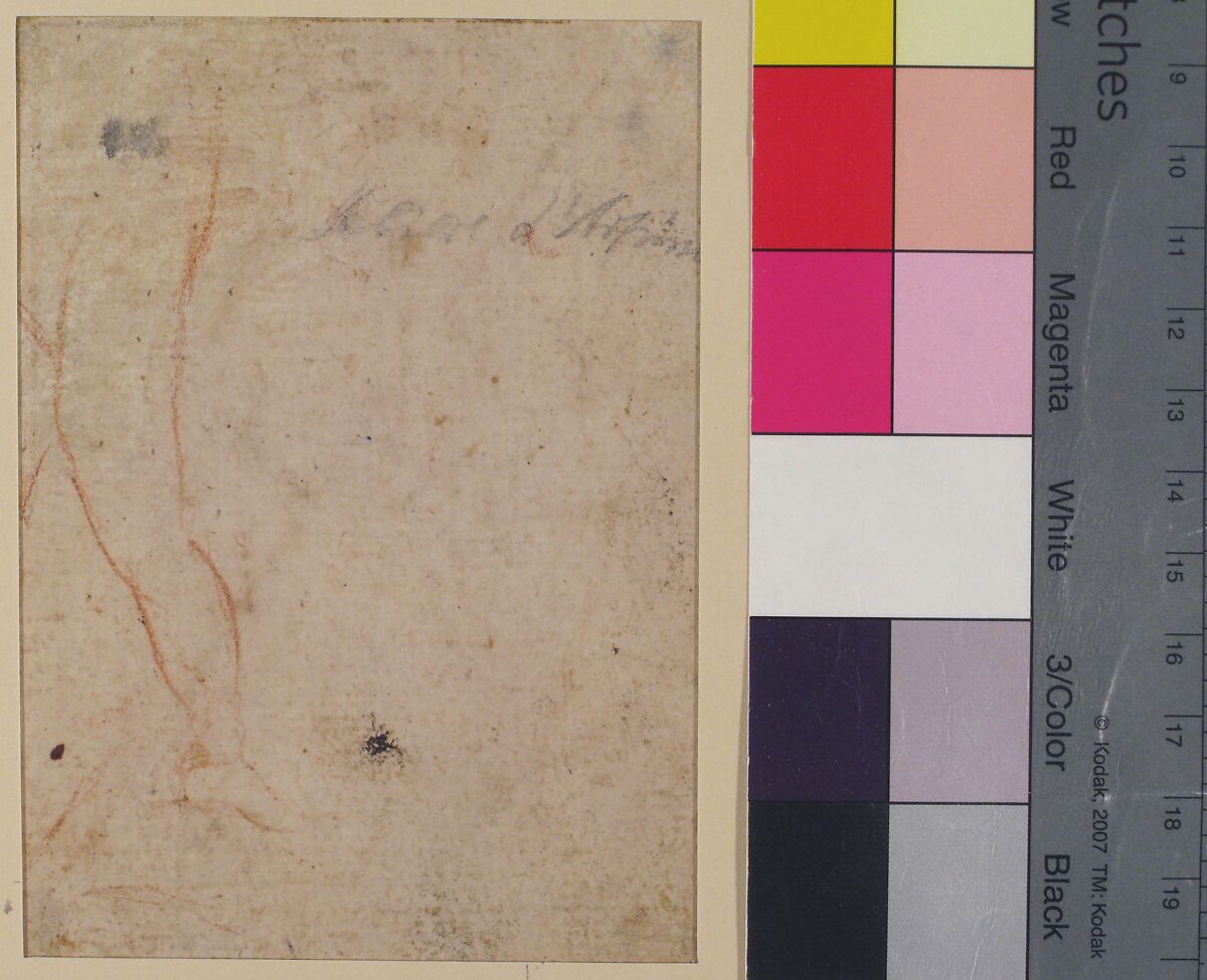 Two Dwarfs Playing Dice, a Dog at Left (recto); Study of a Leg (verso), Attributed to Faustino Bocchi (Italian, Brescia 1659–1741 Brescia), Pen and brown ink, over red chalk (recto), red chalk (verso)