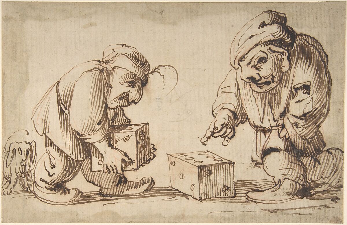 Two Dwarfs Playing Dice, a Dog at Left (recto), Study of a Leg (verso), attributed to Faustino Bocchi (Italian, Brescia 1659–1741 Brescia), Pen and brown ink, over red chalk (recto), red chalk (verso) 