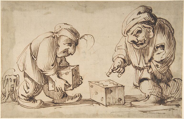 Two Dwarfs Playing Dice, a Dog at Left (recto), Study of a Leg (verso)