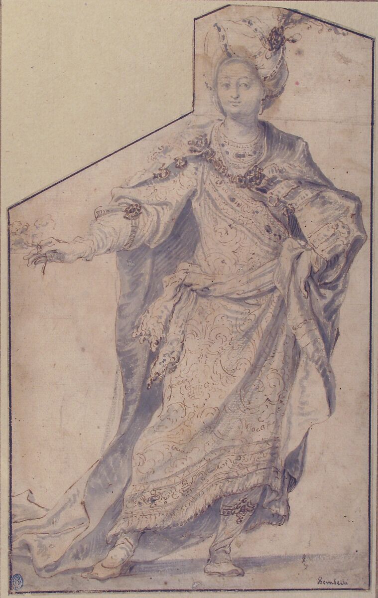 Standing Figure in Oriental Costume, Attributed to Sebastiano Bombelli (Italian, Udine 1635–1719 Venice), Pen and brown ink, brush and gray wash