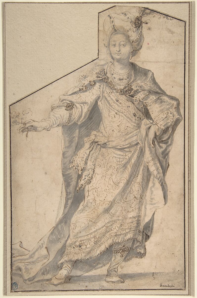 Standing Figure in Oriental Costume, attributed to Sebastiano Bombelli (Italian, Udine 1635–1719 Venice), Pen and brown ink, brush and gray wash 