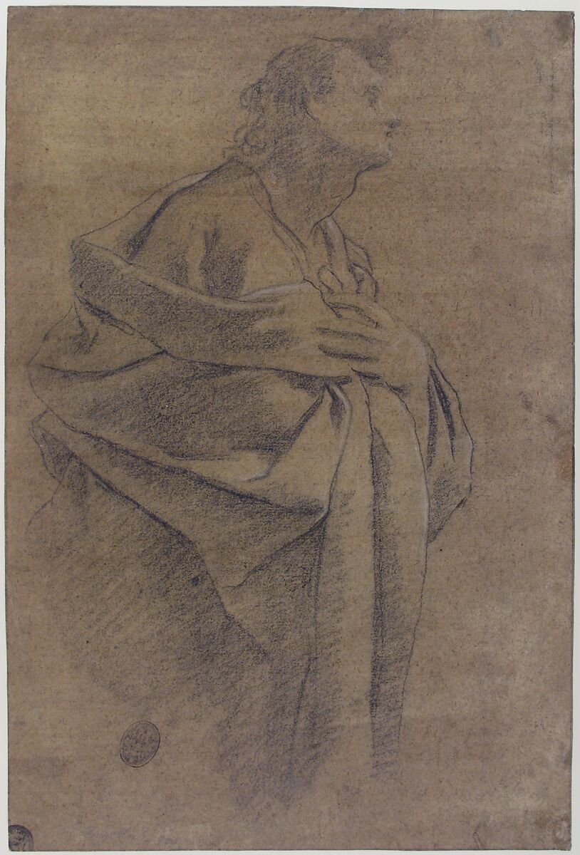 Saint Bartholomew (recto); Study of Drapery and Two Hands (verso), Carlo Bononi (Bonone) (Italian, Ferrara 1569–1632 Ferrara), Black chalk, highlighted with white, on brown washed paper (recto); black chalk (verso)