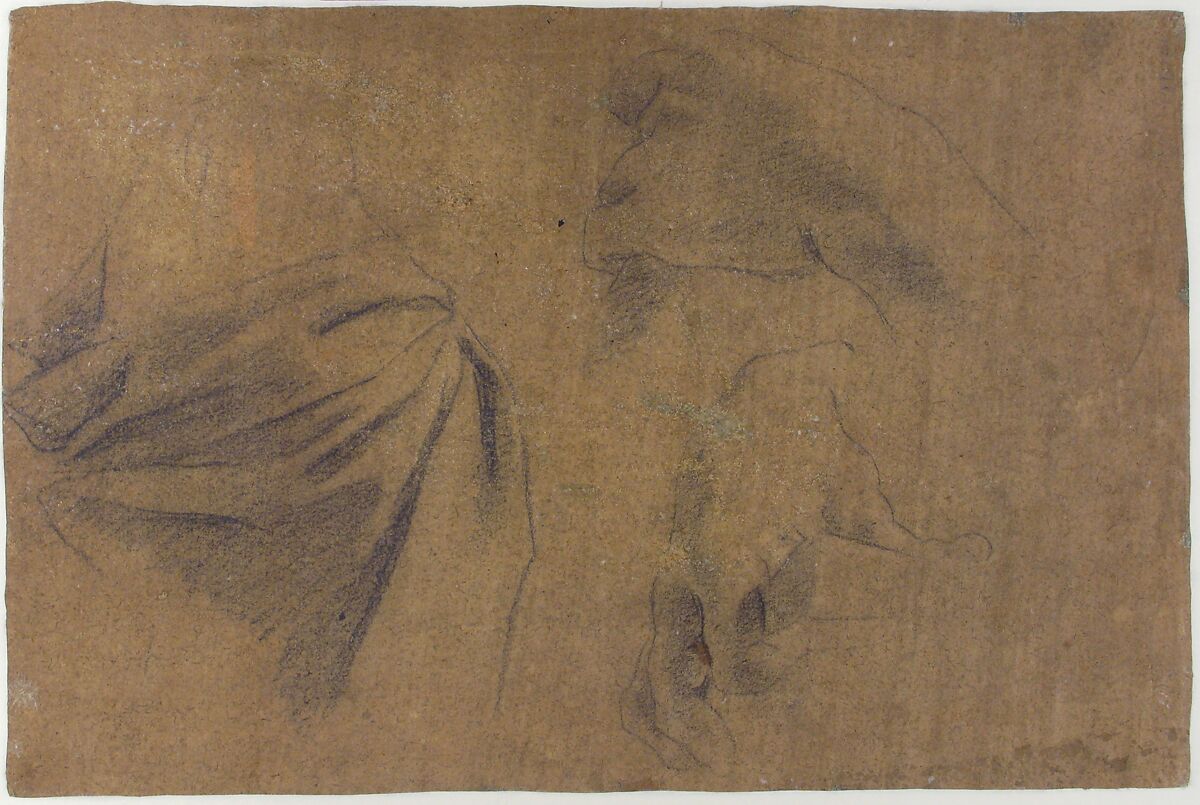 Saint Bartholomew (recto); Study of Drapery and Two Hands (verso), Carlo Bononi (Bonone) (Italian, Ferrara 1569–1632 Ferrara), Black chalk, highlighted with white, on brown washed paper (recto); black chalk (verso)
