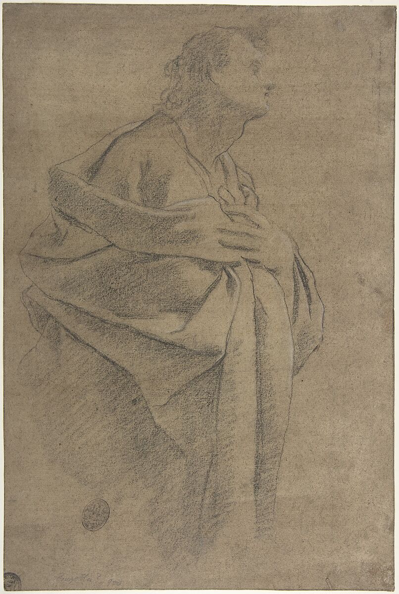 Saint Bartholomew (recto); Study of Drapery and Two Hands (verso), Carlo Bononi (Bonone) (Italian, Ferrara 1569–1632 Ferrara), Black chalk, highlighted with white, on brown washed paper (recto); black chalk (verso) 