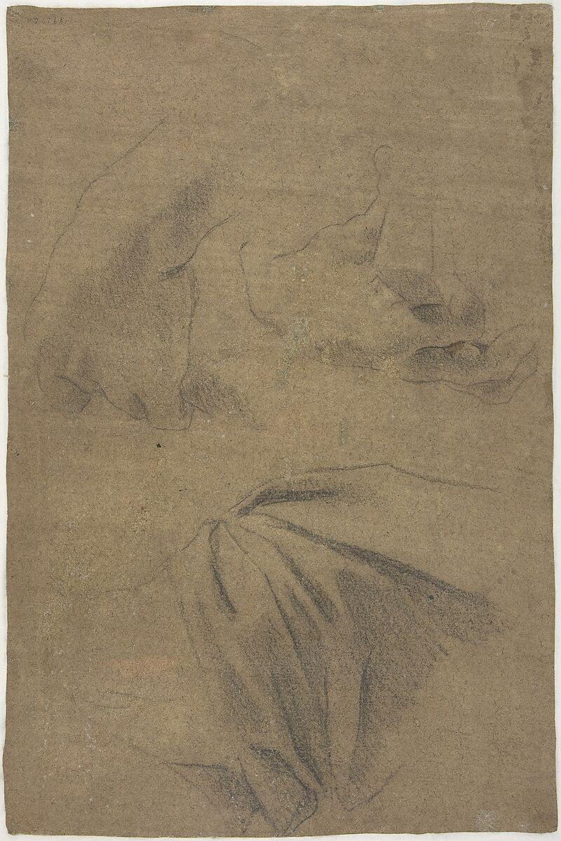Saint Bartholomew (recto); Study of Drapery and Two Hands (verso), Carlo Bononi (Bonone) (Italian, Ferrara 1569–1632 Ferrara), Black chalk, highlighted with white, on brown washed paper (recto); black chalk (verso)