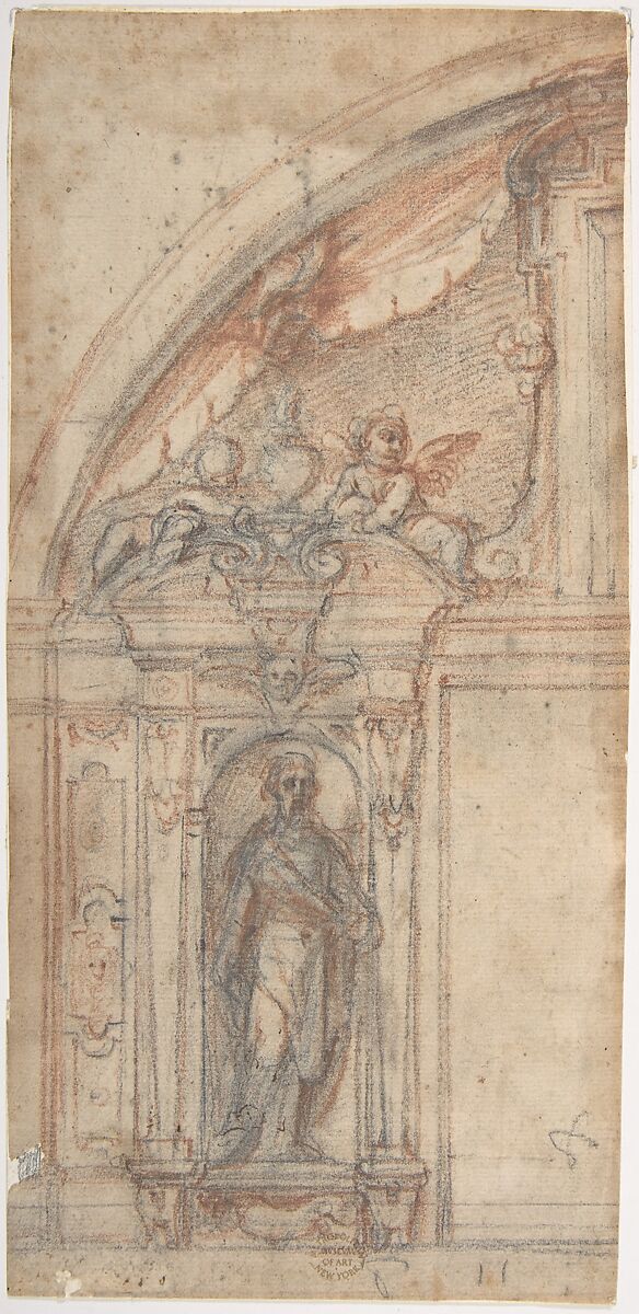 Scheme for an Architectural Decoration with a Standing Male Figure in a Niche, Fabrizio Boschi (Italian, Florence 1572–1642 Florence), Black and red chalk 