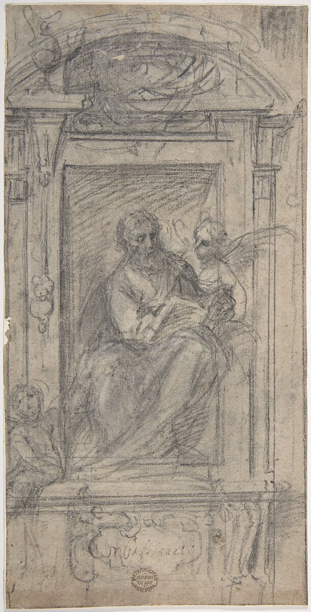 Saint Matthew Seated in a Niche, attributed to Fabrizio Boschi (Italian, Florence 1572–1642 Florence), Black chalk 