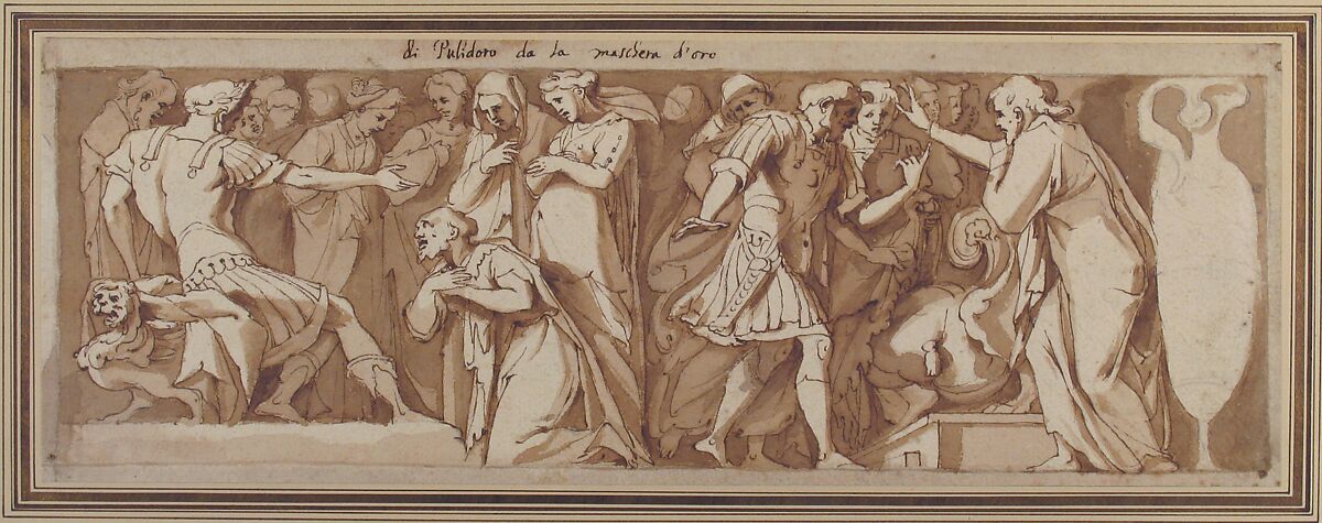 Scenes from Ancient History, after Polidoro da Caravaggio, Attributed to Andrea Boscoli (Italian, Florence ca. 1560–1608 Rome), Pen and brown ink, brush and brown wash, over black chalk; framing lines in black chalk