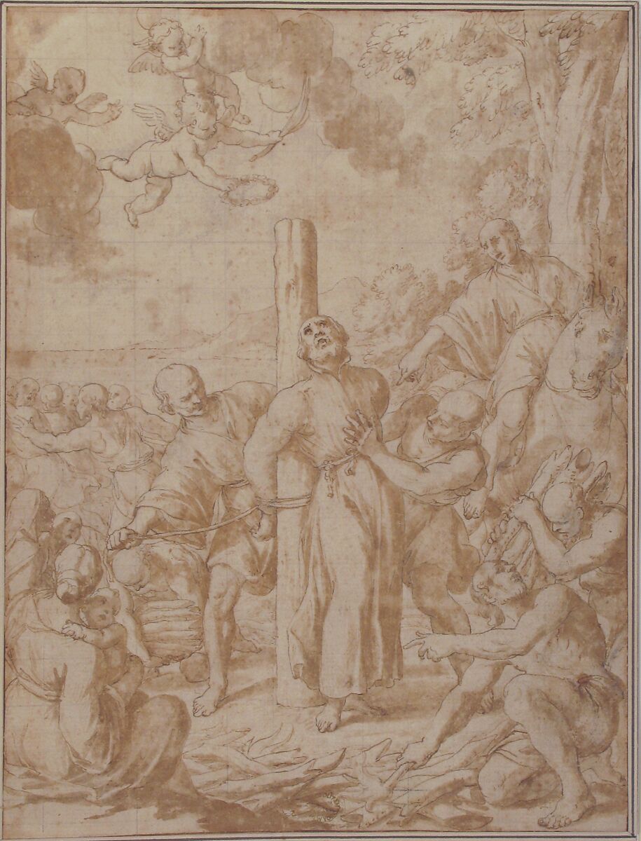 A Martyrdom, attributed to Serafino Brizzi (Italian, Bologna 1684–1737 Bologna), Pen and brown ink, brush and brown wash.  Squared in black chalk
