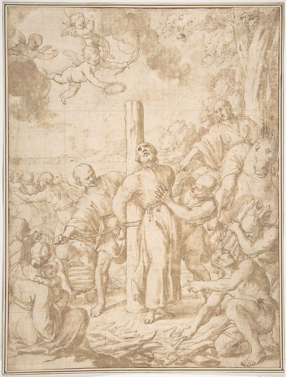 A Martyrdom, attributed to Serafino Brizzi (Italian, Bologna 1684–1737 Bologna), Pen and brown ink, brush and brown wash.  Squared in black chalk 