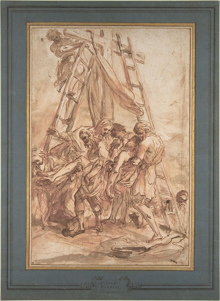 The Descent from the Cross, Gian Antonio Burrini (Italian, Bologna 1656–1727 Bologna), Pen and brown ink, brush and brown and red wash, over red chalk 