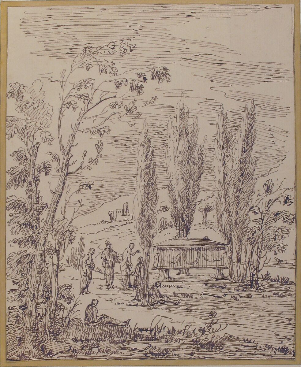 Landscape with Figures near a Tomb, Gian Antonio Burrini (Italian, Bologna 1656–1727 Bologna), Pen and brown ink