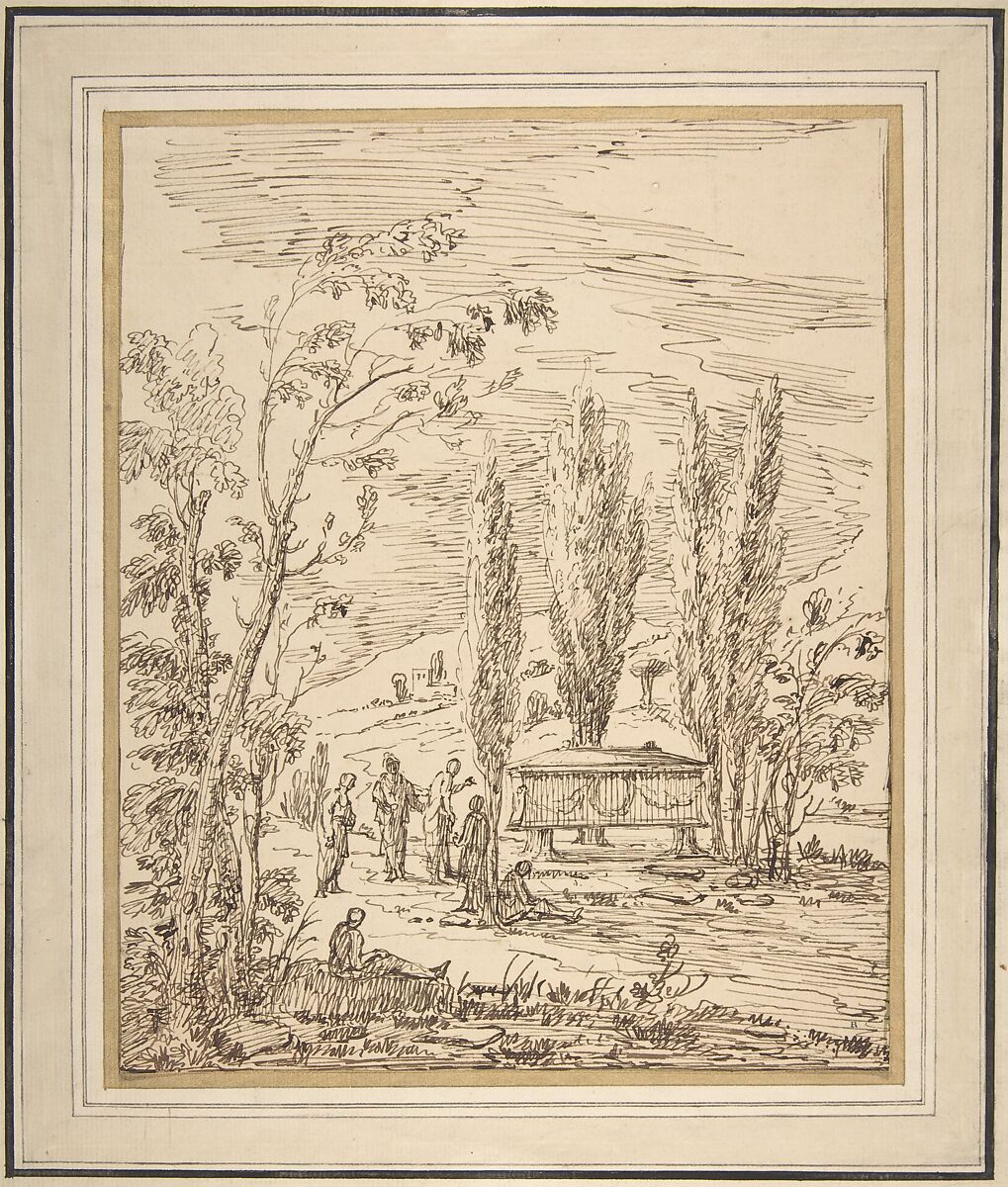 Landscape with Figures near a Tomb, Gian Antonio Burrini (Italian, Bologna 1656–1727 Bologna), Pen and brown ink 
