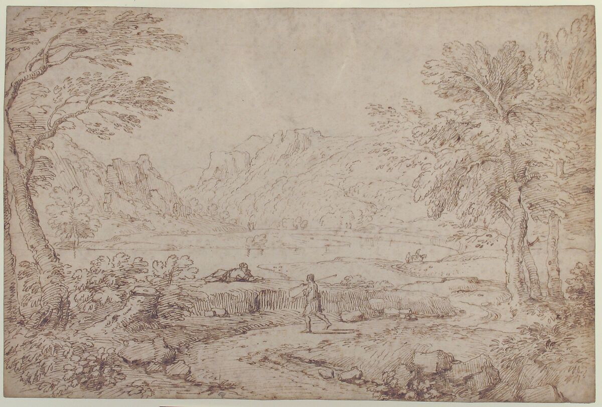 River Landscape near Narni, Giovanni Battista Busiri (Italian, Rome 1698–1757 Rome (?)), Pen and brown ink, over traces of black chalk