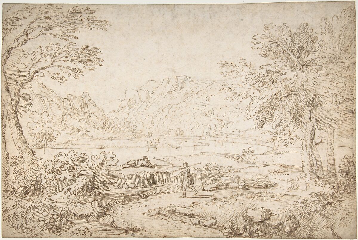 River Landscape near Narni, Giovanni Battista Busiri (Italian, Rome 1698–1757 Rome (?)), Pen and brown ink, over traces of black chalk 