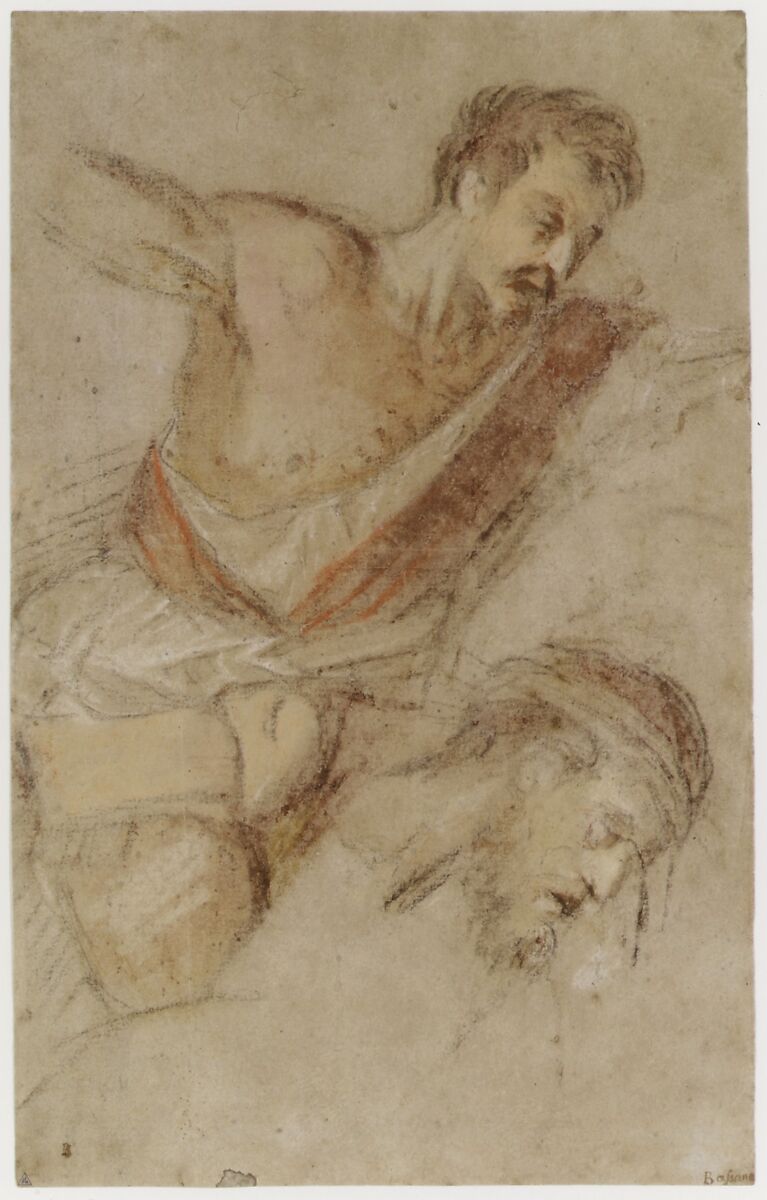 Studies for a Scourging Soldier and the Head of Christ, Jacopo Bassano (Jacopo da Ponte) (Italian, Bassano del Grappa ca. 1510–1592 Bassano del Grappa), Pastel with red chalk on laid light brown paper (formerly blue)