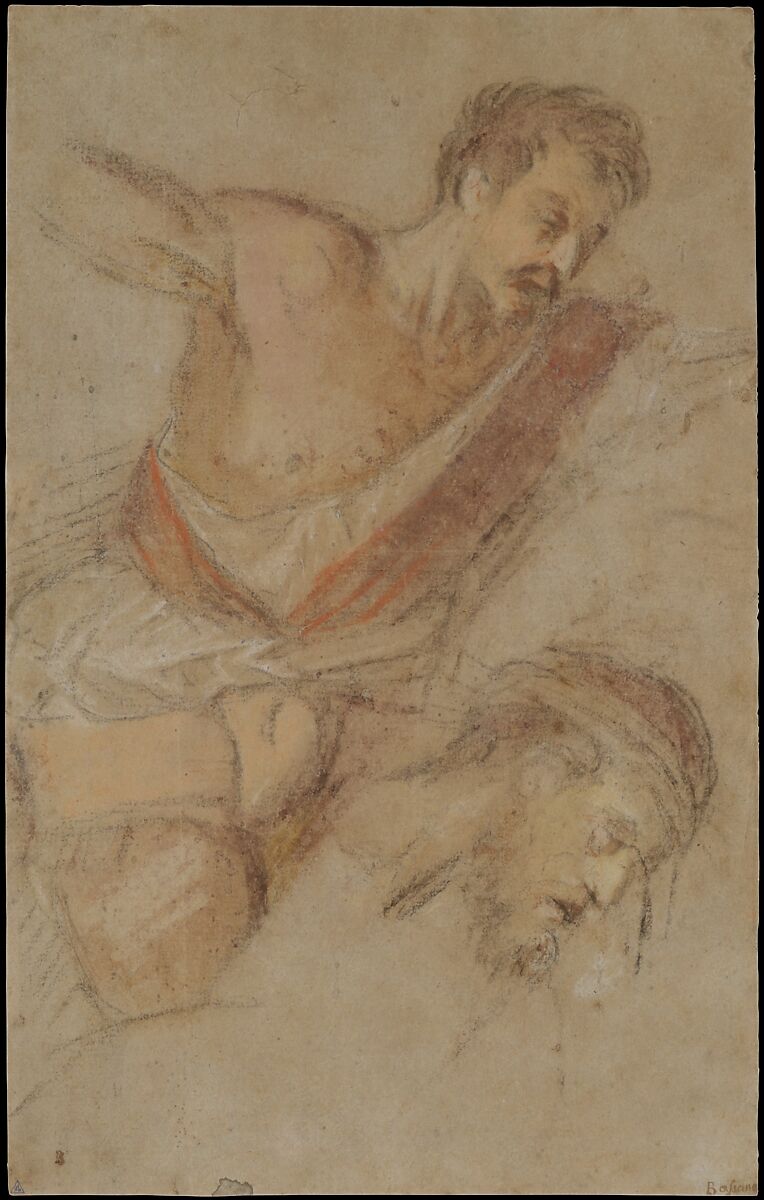 Studies for a Scourging Soldier and the Head of Christ, Jacopo Bassano (Jacopo da Ponte) (Italian, Bassano del Grappa ca. 1510–1592 Bassano del Grappa), Pastel with red chalk on laid light brown paper (formerly blue)