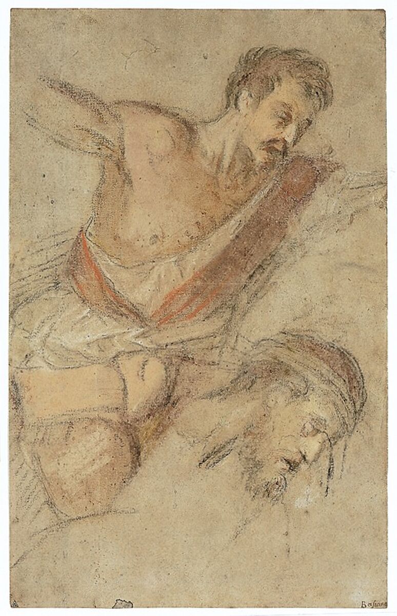Studies for a Scourging Soldier and the Head of Christ, Jacopo Bassano (Jacopo da Ponte) (Italian, Bassano del Grappa ca. 1510–1592 Bassano del Grappa), Pastel with red chalk on laid light brown paper (formerly blue)