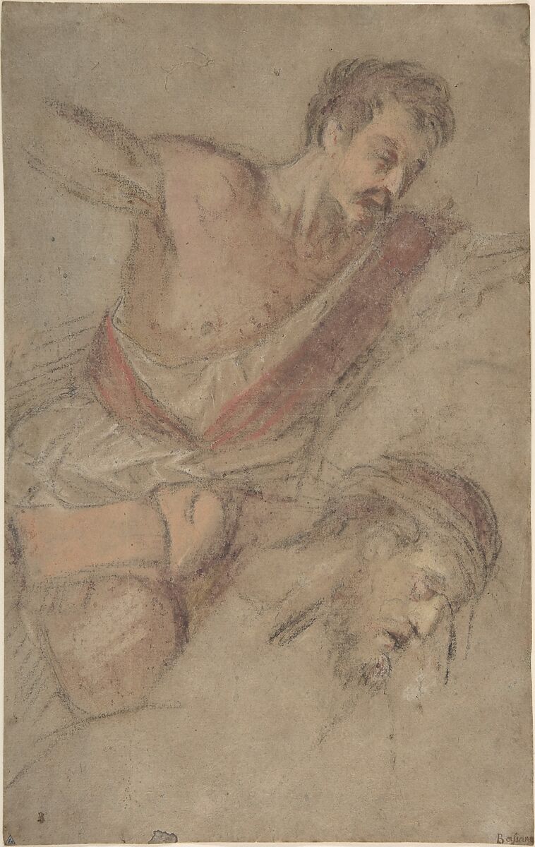 Studies for a Scourging Soldier and the Head of Christ, Jacopo Bassano (Jacopo da Ponte) (Italian, Bassano del Grappa ca. 1510–1592 Bassano del Grappa), Pastel with red chalk on laid light brown paper (formerly blue) 