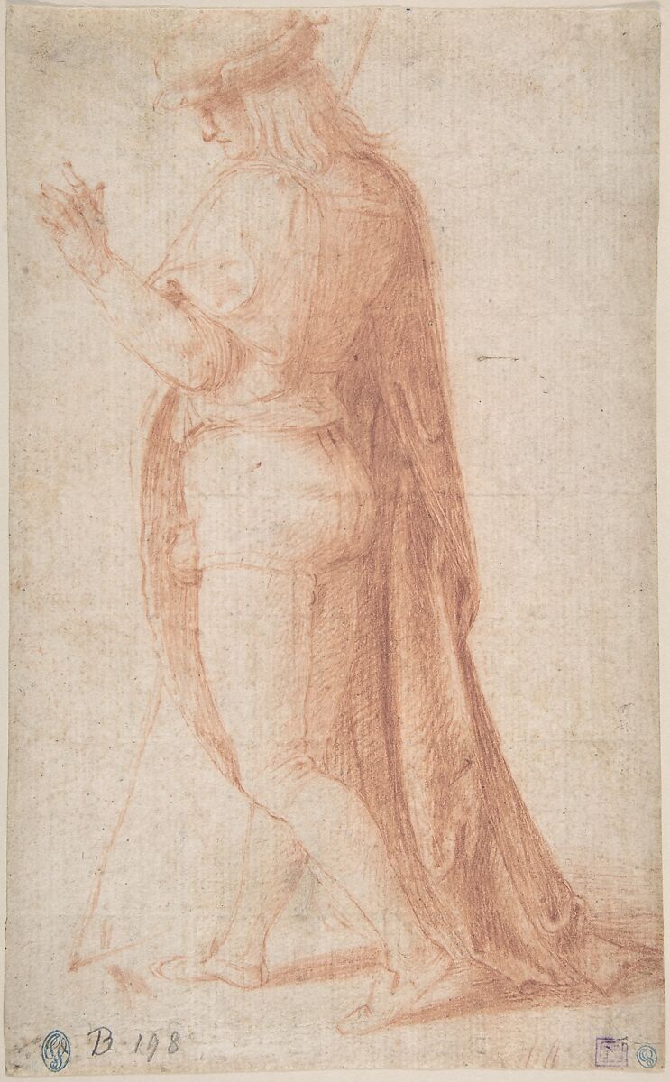 Young Man Standing in Profile Facing Left (recto); Sketch of Two Capitals (verso), Bachiacca (Francesco d&#39;Ubertino Verdi) (Italian, Florence 1494–1557 Florence), Red chalk 