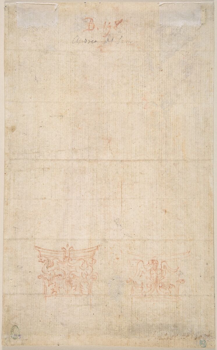 Young Man Standing in Profile Facing Left (recto); Sketch of Two Capitals (verso), Bachiacca (Francesco d'Ubertino Verdi) (Italian, Florence 1494–1557 Florence), Red chalk