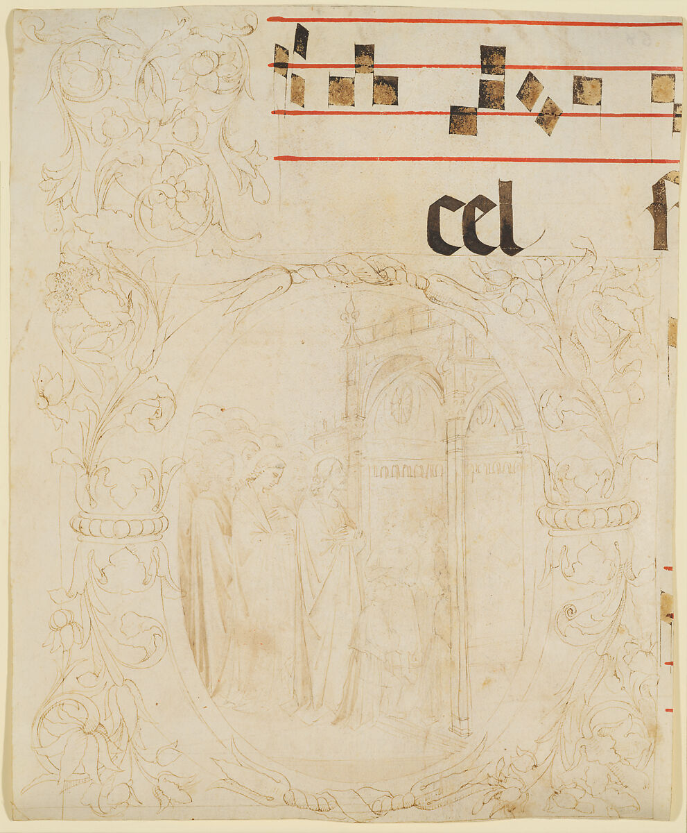 Unfinished Design for a Choir Book: Initial with Scene of Christ Entering the Temple., Lorenzo Monaco (Piero di Giovanni) (Italian, Florence (?) ca. 1370–1425 Florence (?)), Pen and pale grayish brown ink, brush and pale grayish brown wash (figural scene), pen and pale brown ink, over construction in leadpoint, ruling and compass work (ornamental parts), ruled lines in red ink, notes and words in pen and dark brown ink (musical score), on vellum 
