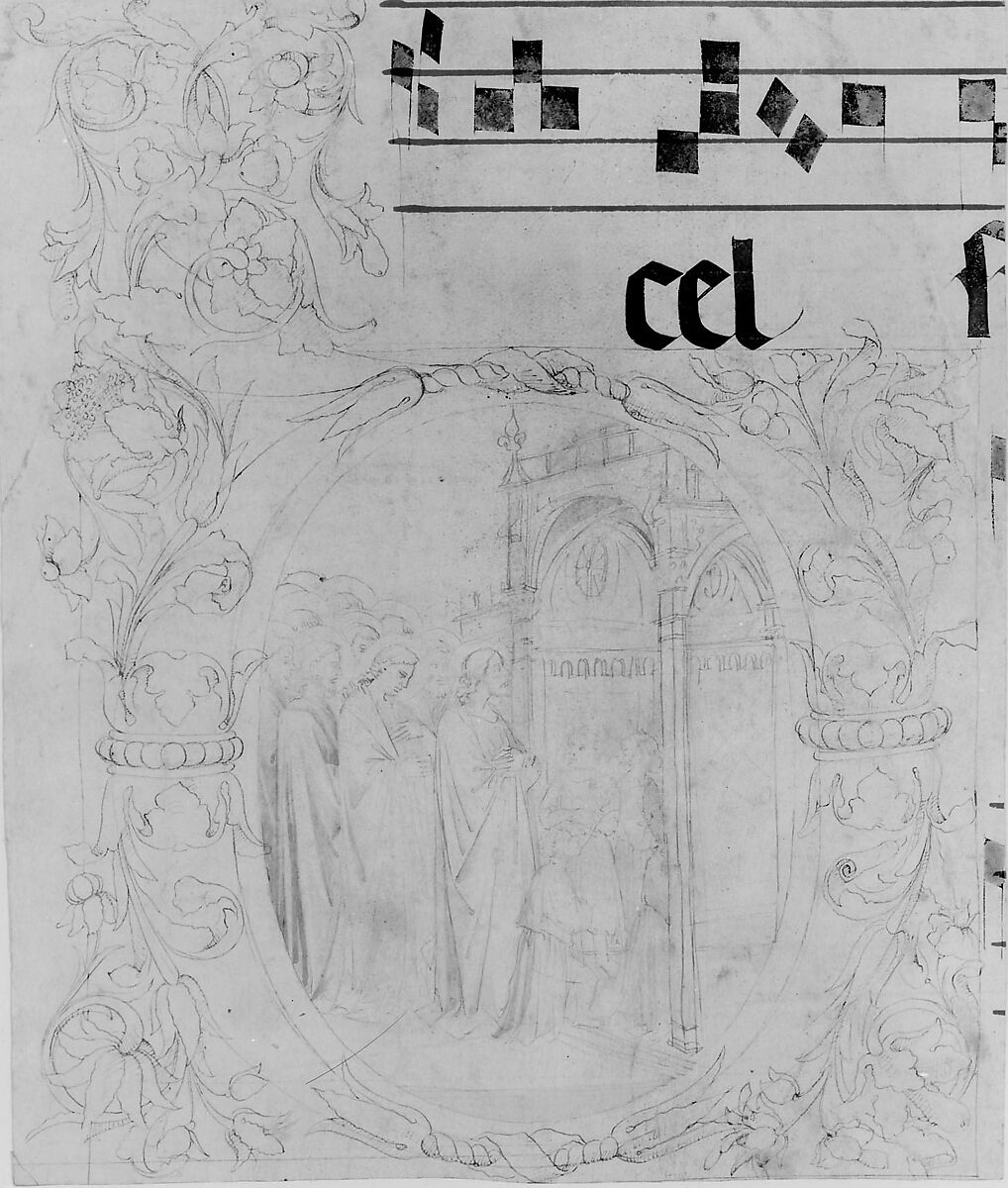 Unfinished Design for a Choir Book: Initial with Scene of Christ Entering the Temple., Lorenzo Monaco (Piero di Giovanni) (Italian, Florence (?) ca. 1370–1425 Florence (?)), Pen and pale grayish brown ink, brush and pale grayish brown wash (figural scene), pen and pale brown ink, over construction in leadpoint, ruling and compass work (ornamental parts), ruled lines in red ink, notes and words in pen and dark brown ink (musical score), on vellum