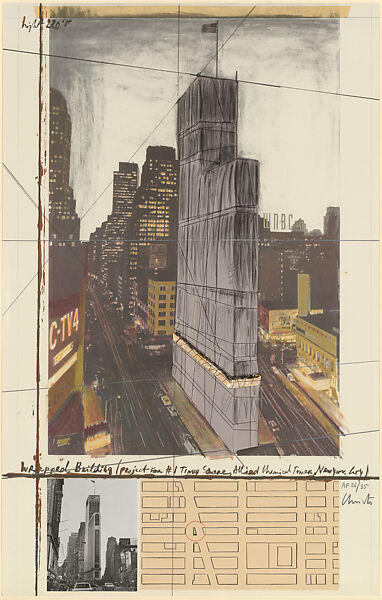 Wrapped Building, Project for 1 Times Square, Allied Chemical Tower, New York, Christo (American (born Bulgaria), Gabrovo 1935–2020 New York), Lithograph with collage of fabric, thread, transparent polyethylene, staples, photograph, map (chine collé), and masking tape; charcoal and white chalk additions 