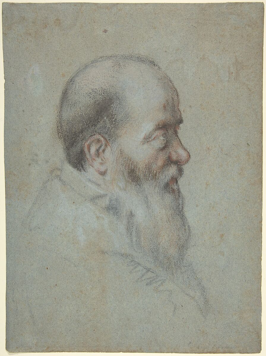 Bust of a Bearded Old Man, Profile to Right, Carletto Caliari (Italian, Venice 1567/70–1592/96 Venice), Black and red chalk, highlighted with traces of white, on blue paper 