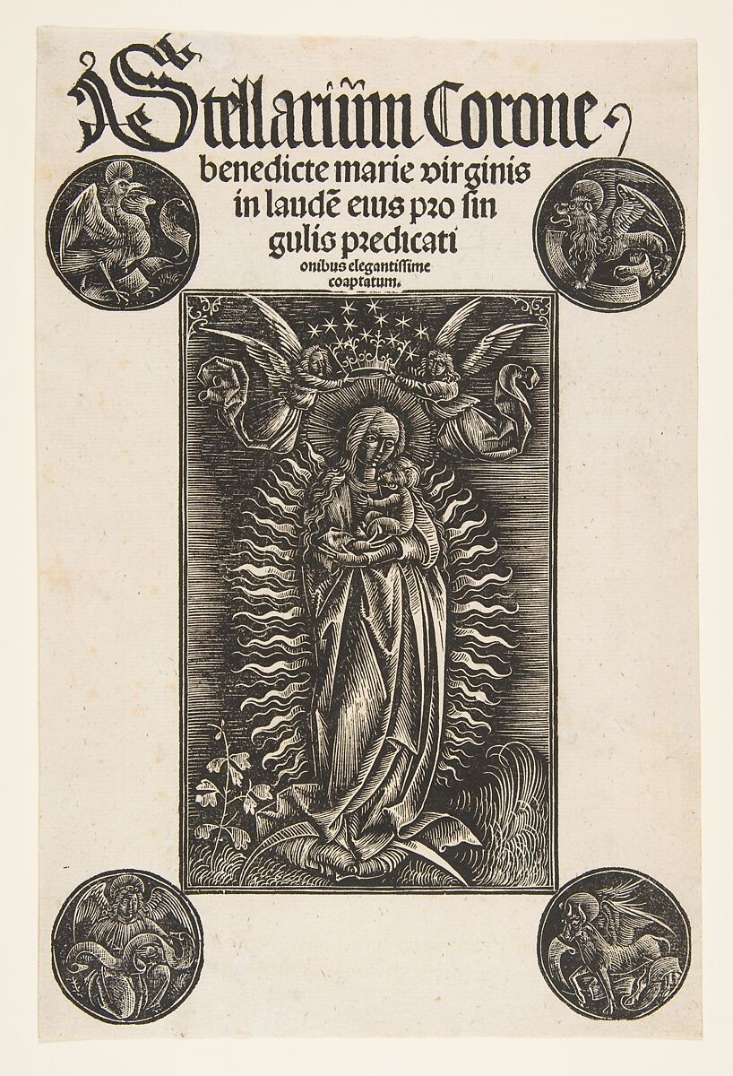 Virgin on a Crescent, title page from Pelbartus de Temesvar's "Stellarium corone", Attributed to Daniel Hopfer (German, Kaufbeuren 1471–1536 Augsburg), Whiteline woodcut 