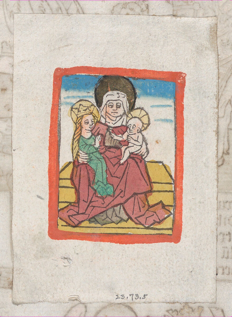 St. Anne with the Virgin and the Christ Child, Anonymous, German, 15th century, Woodcut with hand-coloring and gold leaf 