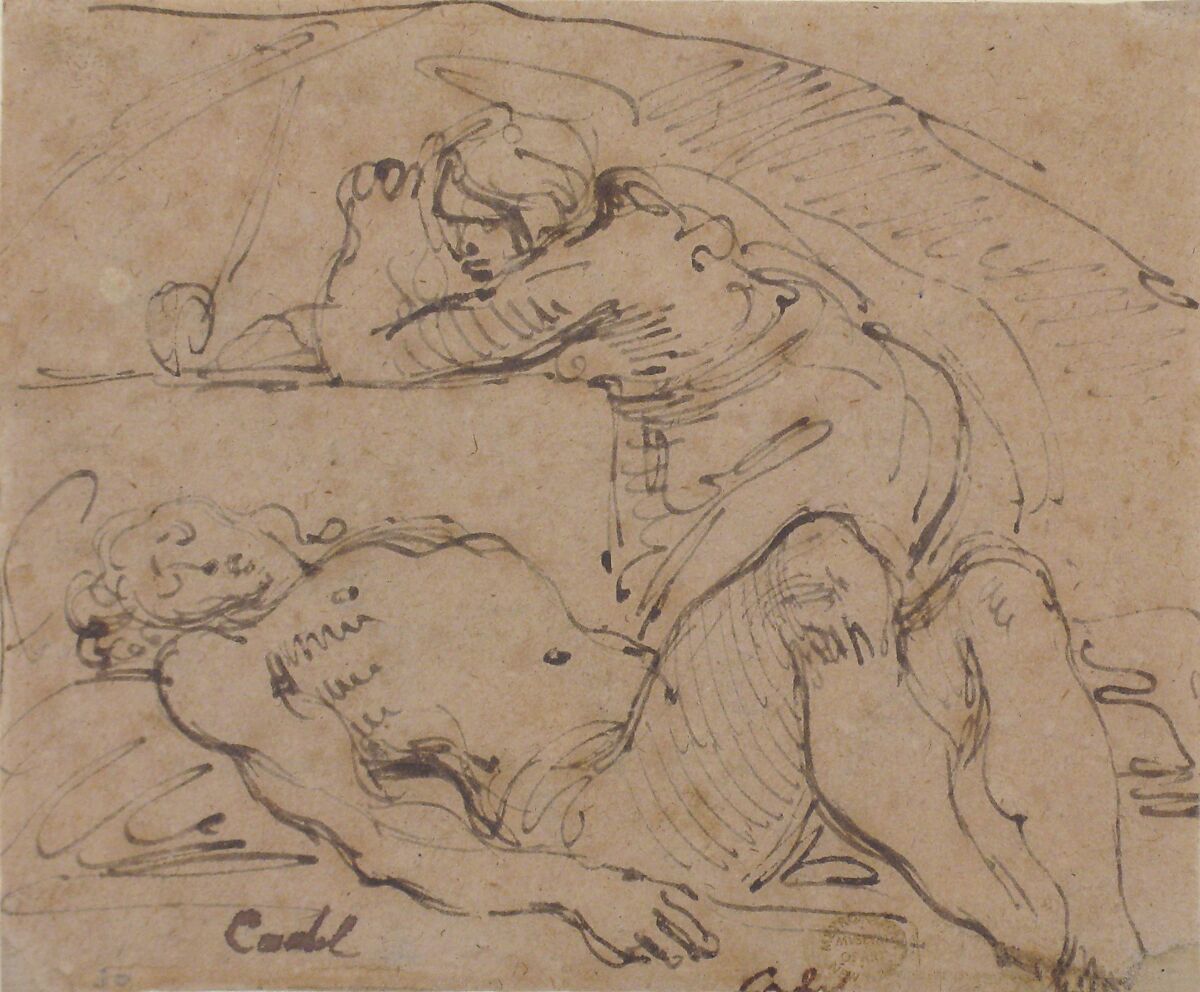 The Dead Christ Mourned by Saint Mary Magdalen (recto); The Holy Family with an Attendant (verso), Giuseppe Cades (Italian, Rome 1750–1799 Rome), Pen and brown ink (recto); black chalk (verso)