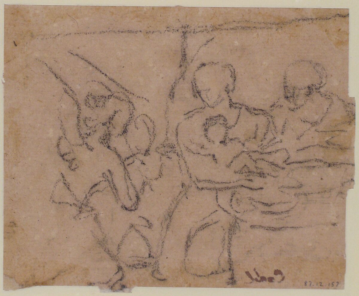 The Dead Christ Mourned by Saint Mary Magdalen (recto); The Holy Family with an Attendant (verso), Giuseppe Cades (Italian, Rome 1750–1799 Rome), Pen and brown ink (recto); black chalk (verso)