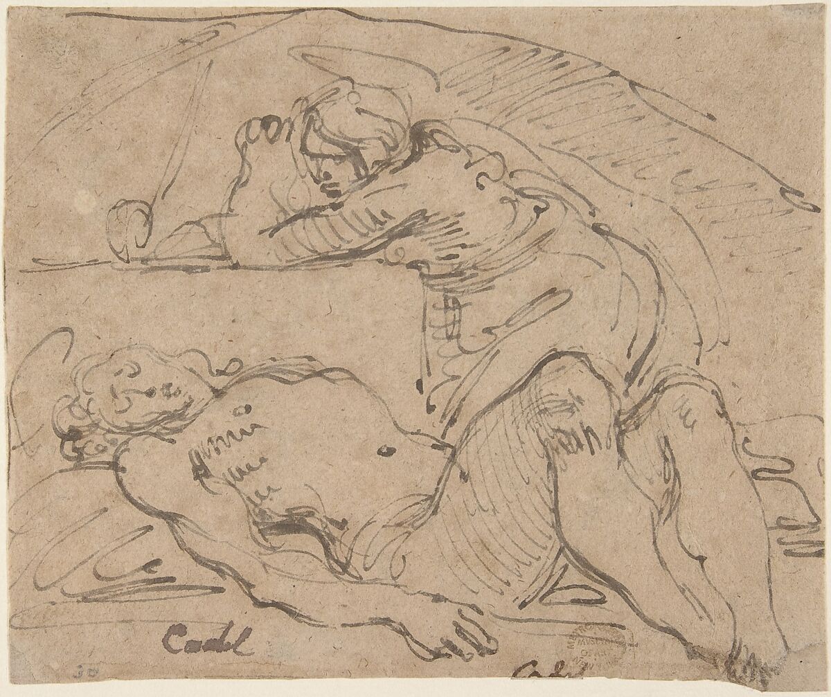 The Dead Christ Mourned by Saint Mary Magdalen (recto); The Holy Family with an Attendant (verso), Giuseppe Cades (Italian, Rome 1750–1799 Rome), Pen and brown ink, on beige paper (recto); black chalk (verso) 