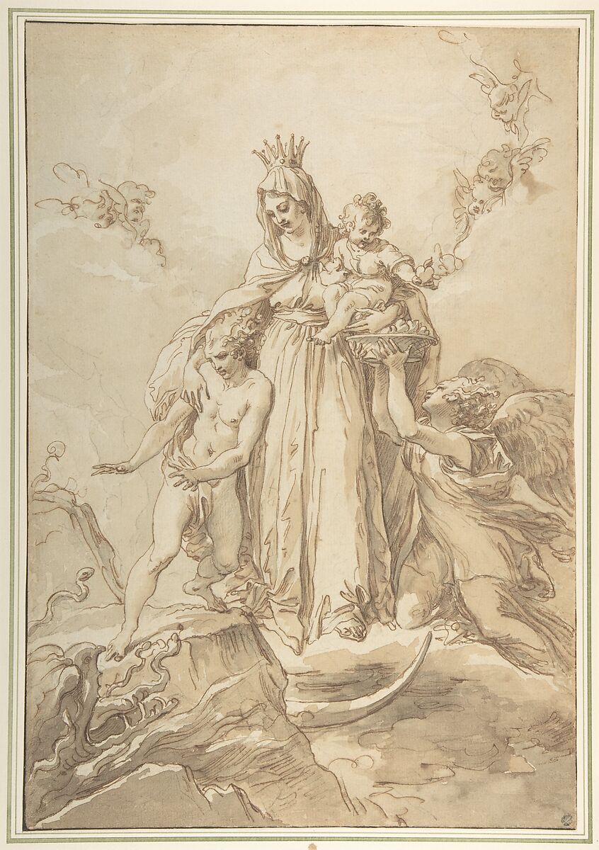 The Virgin Immaculate with the Christ Child, Giuseppe Cades (Italian, Rome 1750–1799 Rome), Pen and brown ink, brush and brown and gray wash, over black chalk 