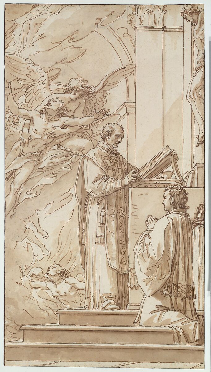 Blessed Francis Venimbeni Celebrating Mass for souls in Purgatory, Giuseppe Cades (Italian, Rome 1750–1799 Rome), Pen and brown ink, brush and brown wash, over black chalk